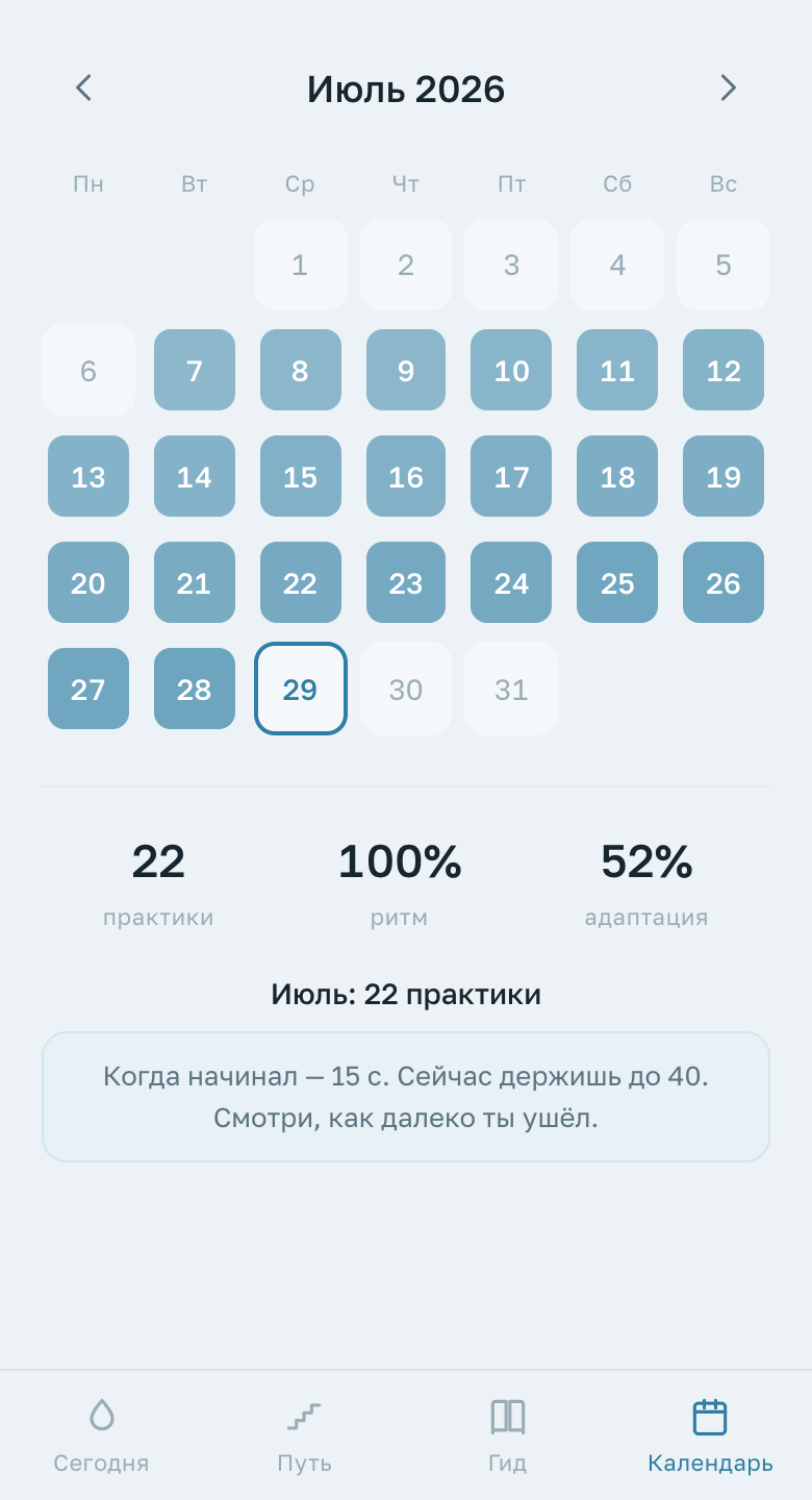 Экран «Календарь»: месяц практик и рост адаптации